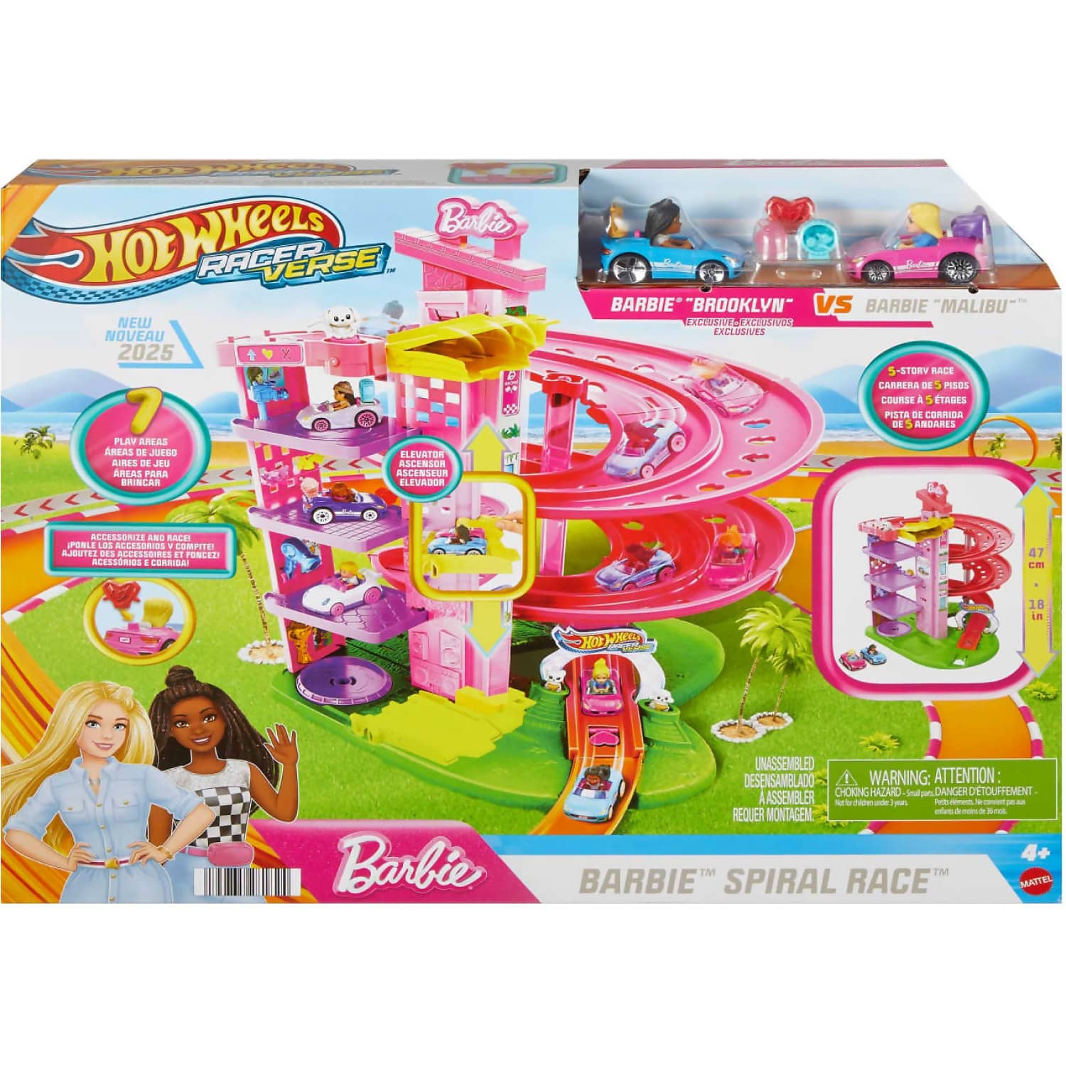 Hot Wheels - Racerverse Barbie Spiral Race Track Set With Barbie “malibu” & Barbie “brooklyn” Toy Cars