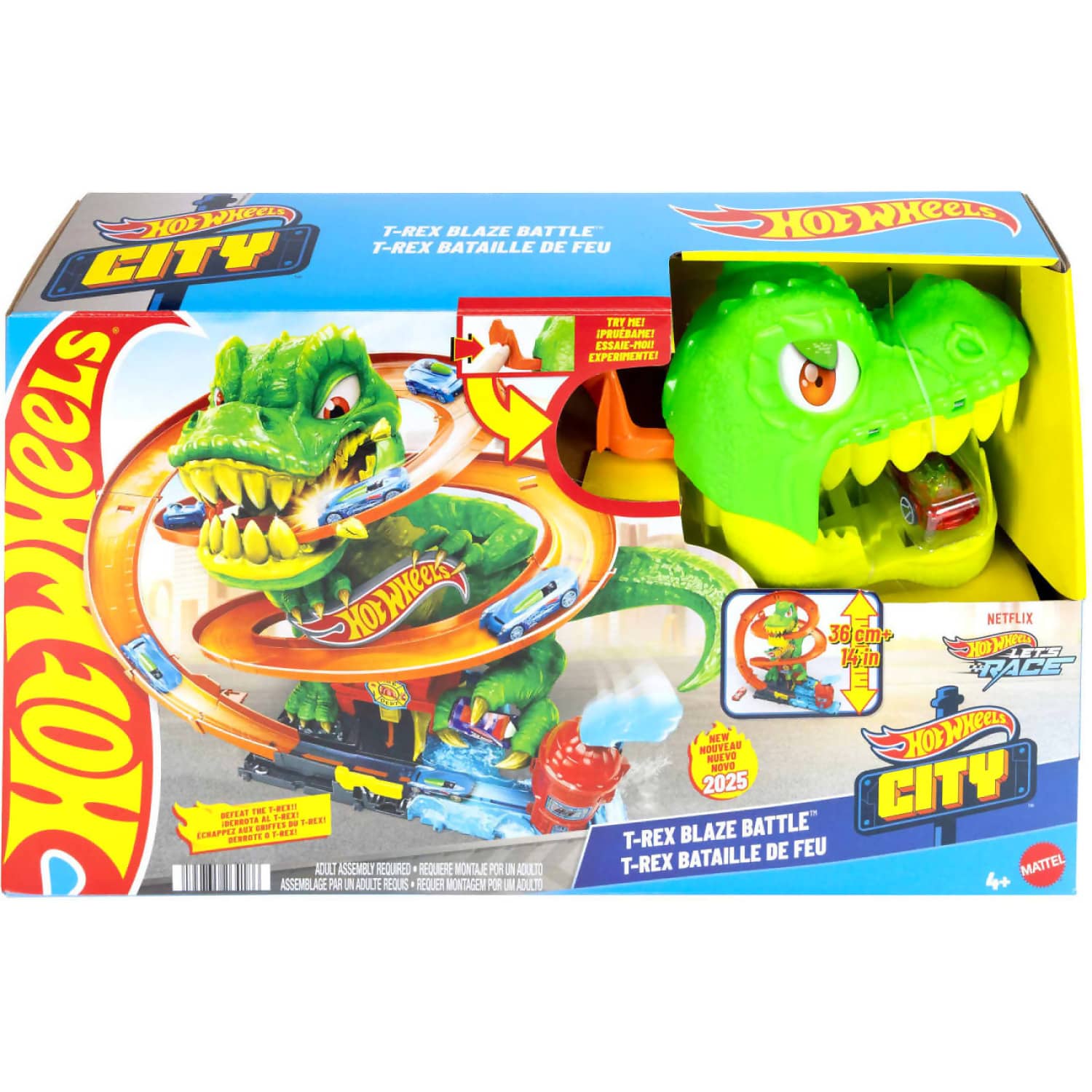 Hot Wheels - City T-rex Blaze Battle Playset & 1:64 Scale Die-cast Car Dinosaur Nemesis